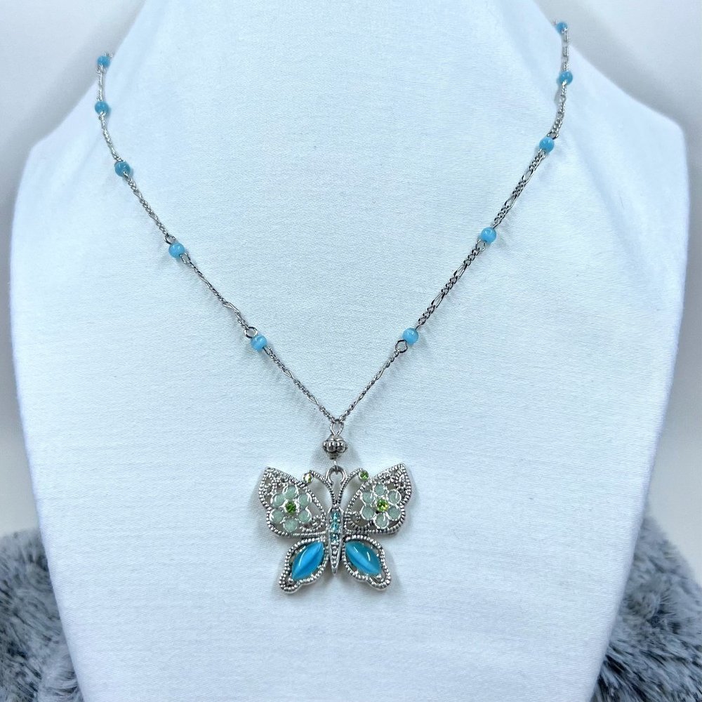 Silver Toned 16” Chain Necklace with Tigers Eye Beads and Butterfly Pendant